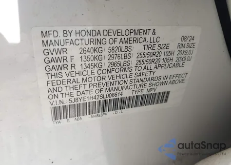 2025 Acura Mdx Technology Package from USA, damaged, VIN 5J8YE1H42SL006614
